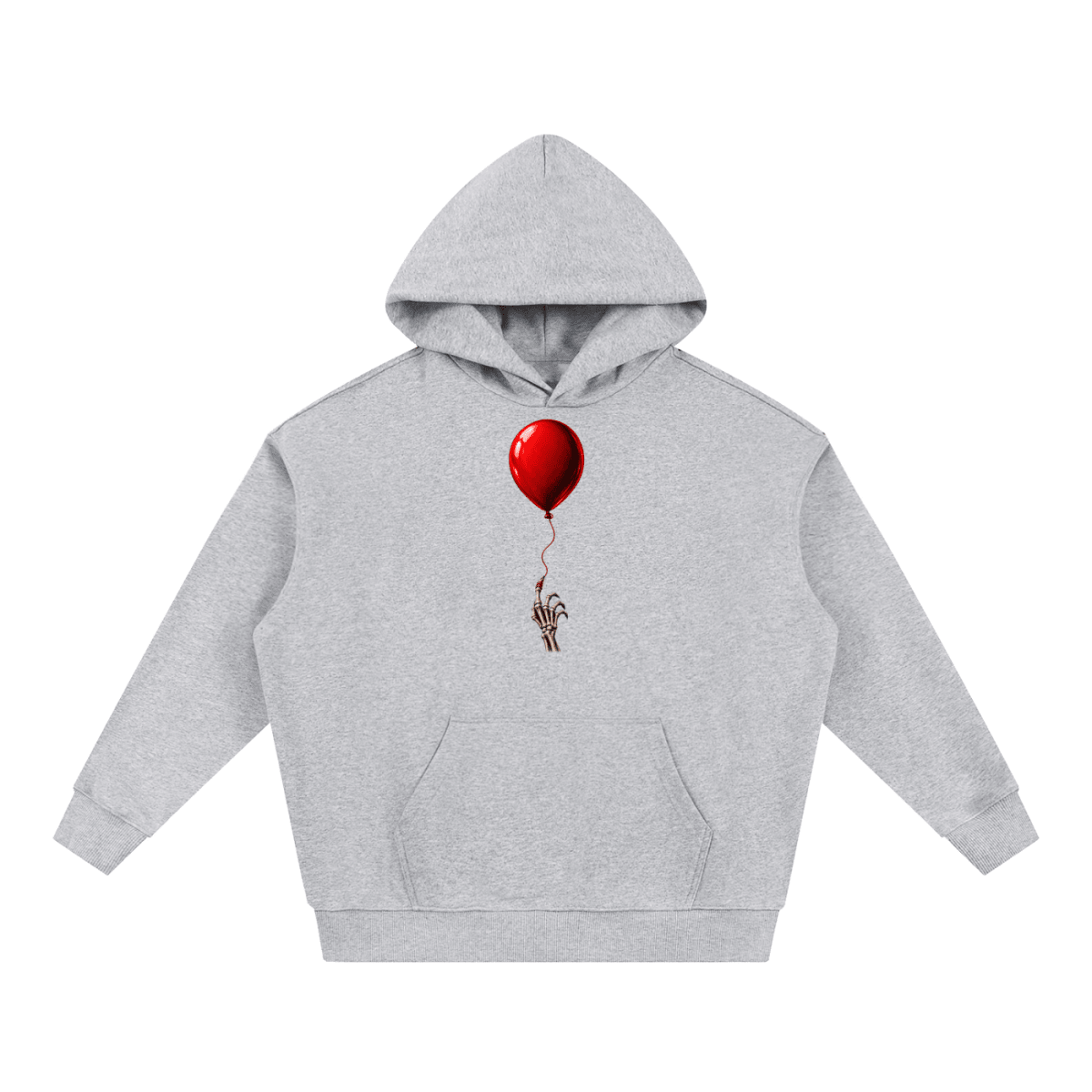 Light gray The Last Balloon heavyweight hoodie, front view with a shiny red balloon tethered to a skeletal hand.