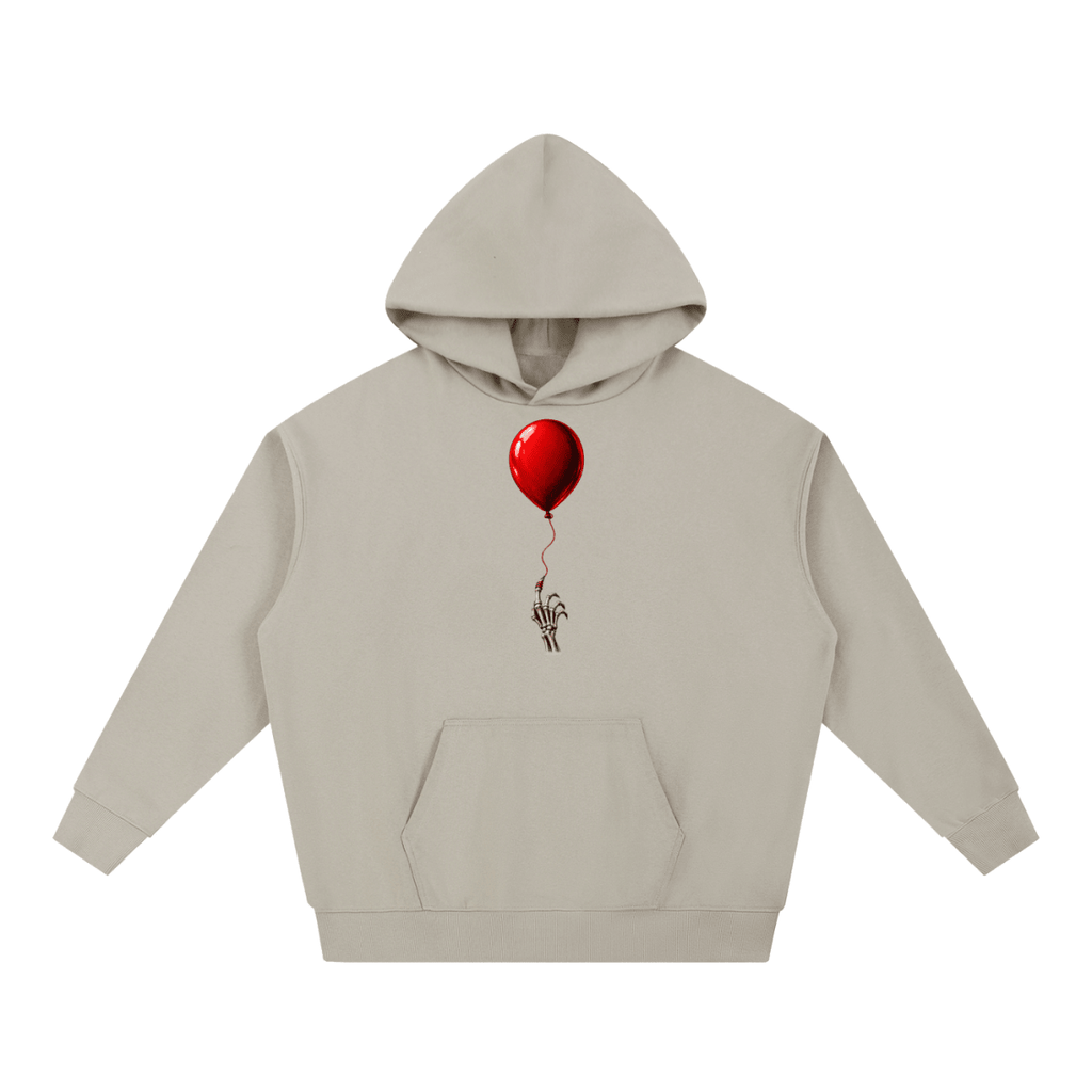 Taupe The Last Balloon heavyweight hoodie, front view with a shiny red balloon tethered to a skeletal hand.