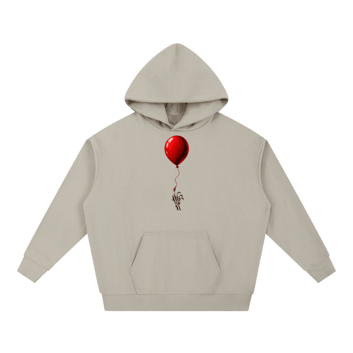 Taupe The Last Balloon heavyweight hoodie, front view with a shiny red balloon tethered to a skeletal hand.