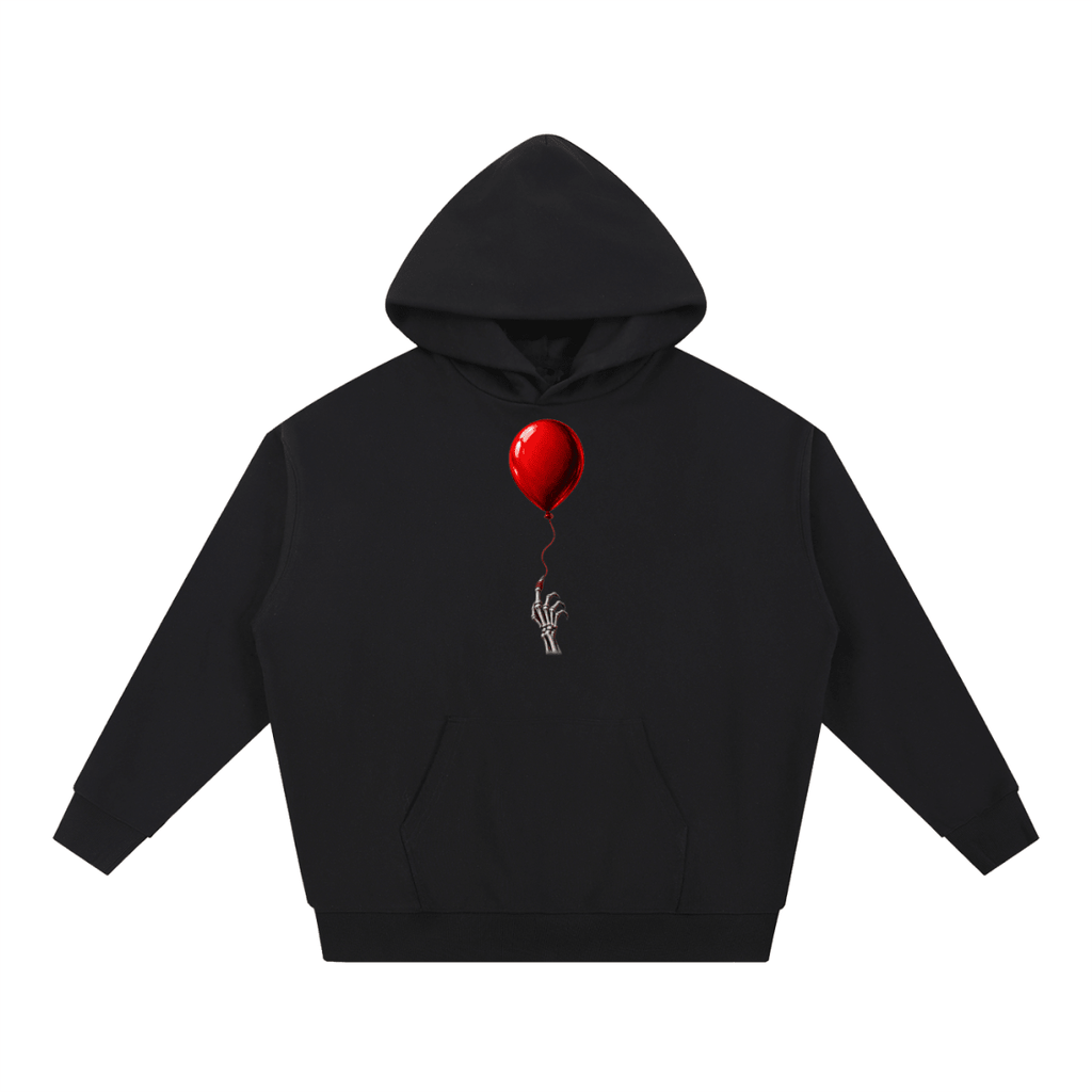 Black The Last Balloon heavyweight hoodie, front view with a shiny red balloon tethered to a skeletal hand.