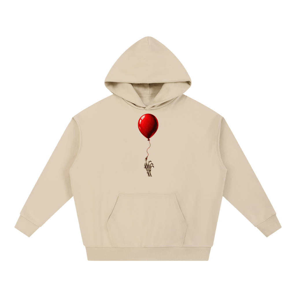 Beige The Last Balloon heavyweight hoodie, front view with a shiny red balloon tethered to a skeletal hand.