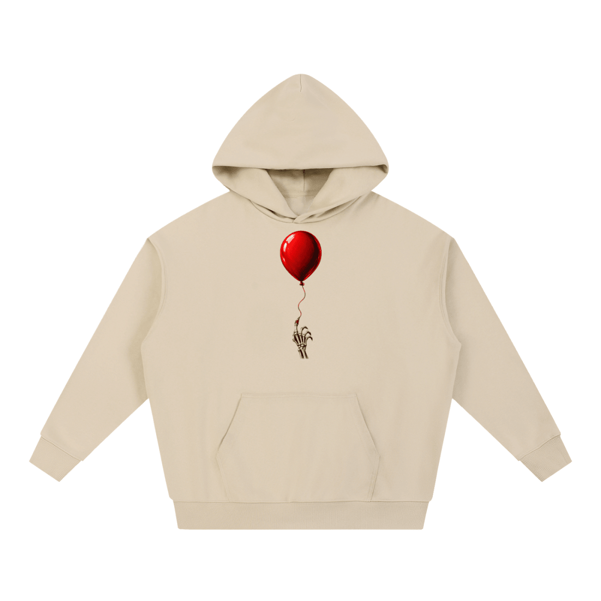 Beige The Last Balloon heavyweight hoodie, front view with a shiny red balloon tethered to a skeletal hand.