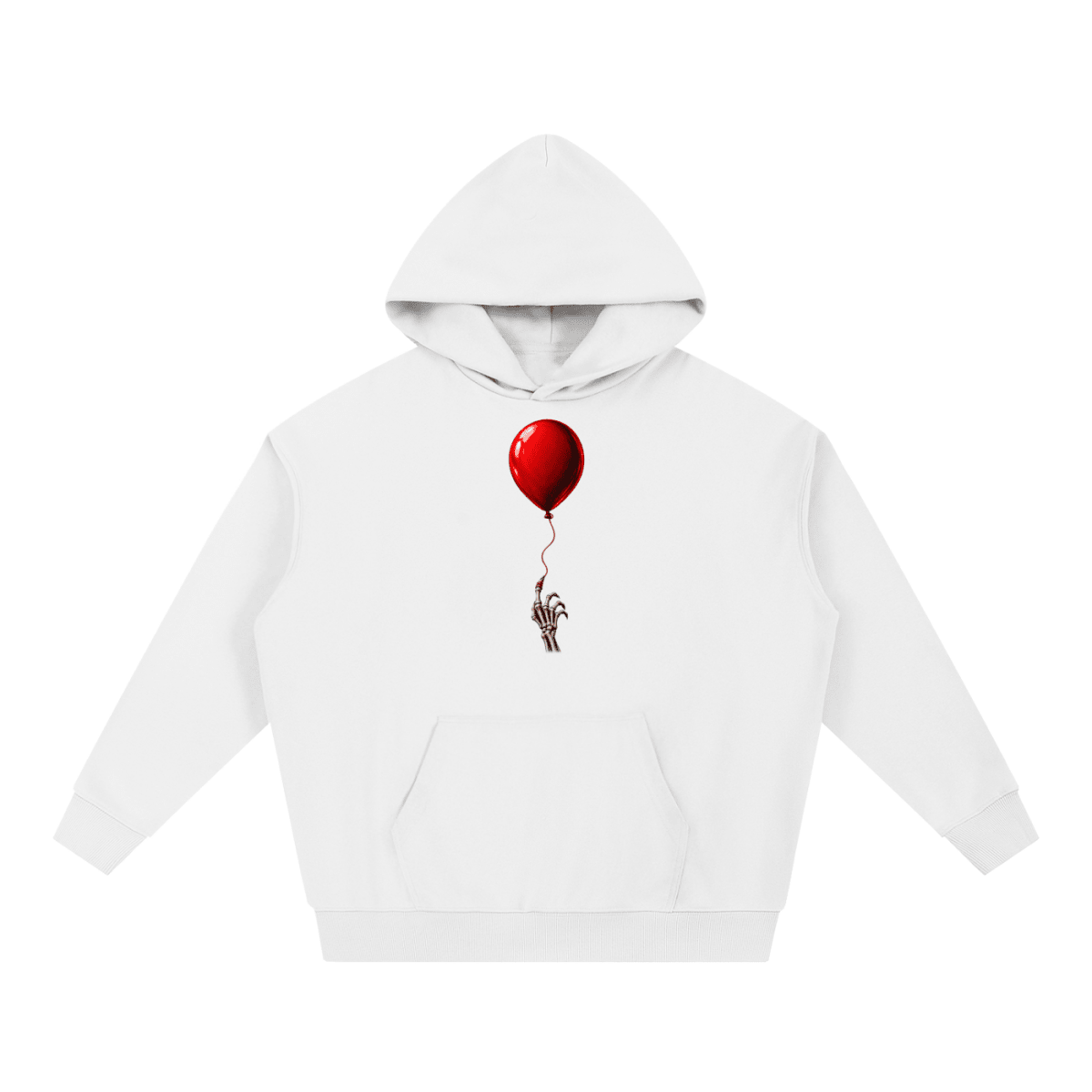 White The Last Balloon heavyweight hoodie, front view with a shiny red balloon tethered to a skeletal hand.