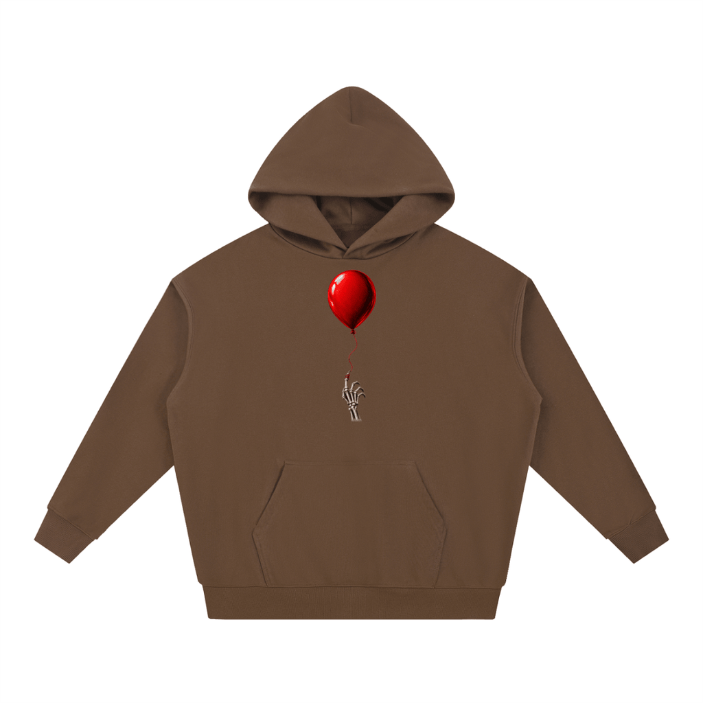 Brown The Last Balloon heavyweight hoodie, front view with a shiny red balloon tethered to a skeletal hand.