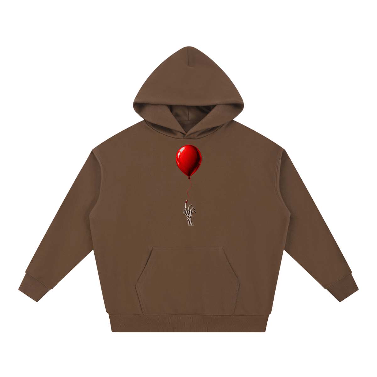 Brown The Last Balloon heavyweight hoodie, front view with a shiny red balloon tethered to a skeletal hand.