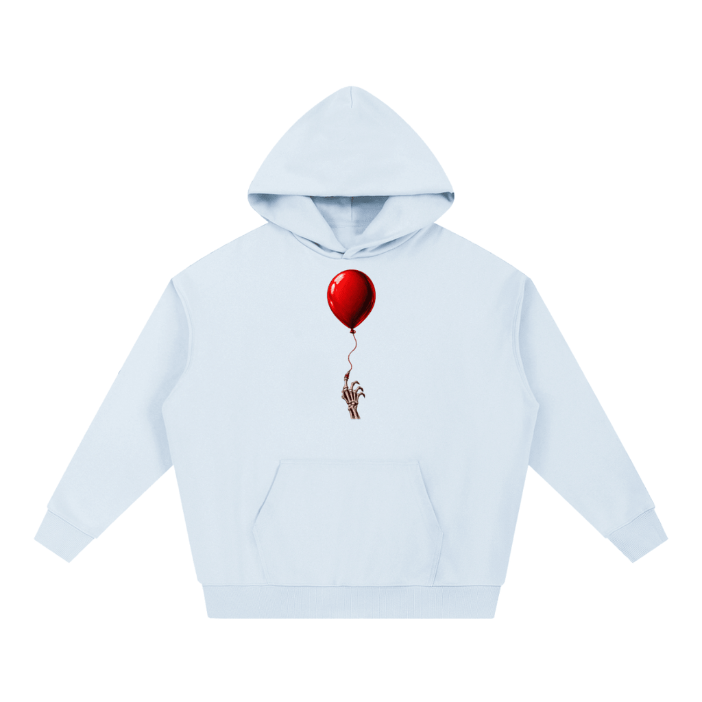 Light blue The Last Balloon heavyweight hoodie, front view with a shiny red balloon tethered to a skeletal hand.