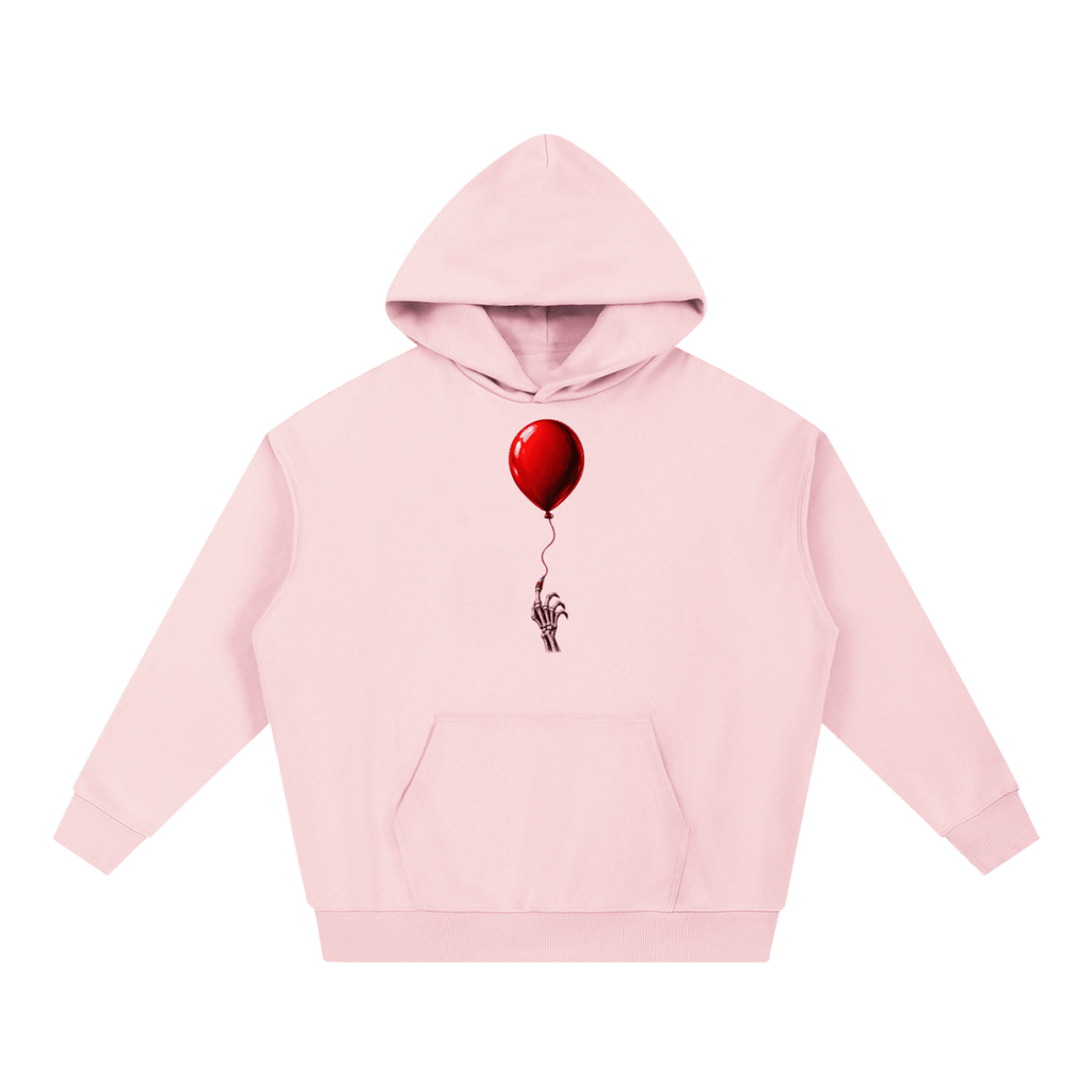 Light pink The Last Balloon heavyweight hoodie, front view with a shiny red balloon tethered to a skeletal hand.