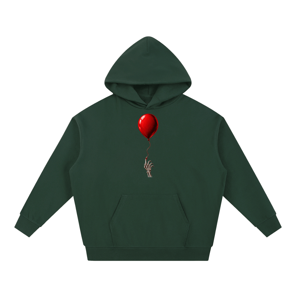 Forest green The Last Balloon heavyweight hoodie, front view with a shiny red balloon tethered to a skeletal hand.