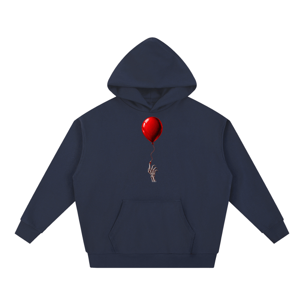 Navy blue The Last Balloon heavyweight hoodie, front view with a shiny red balloon tethered to a skeletal hand.