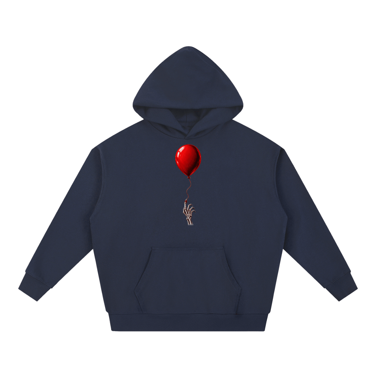 Navy blue The Last Balloon heavyweight hoodie, front view with a shiny red balloon tethered to a skeletal hand.