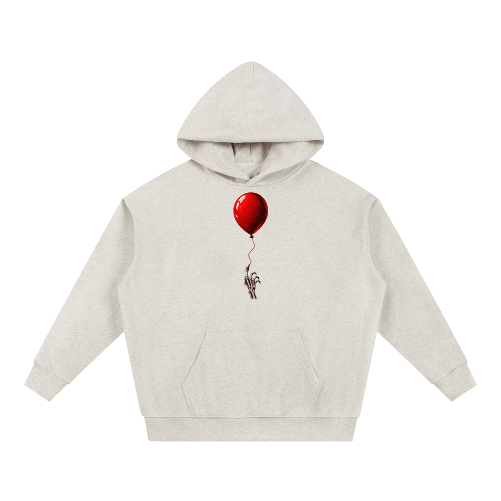 Oatmeal The Last Balloon heavyweight hoodie, front view with a shiny red balloon tethered to a skeletal hand.