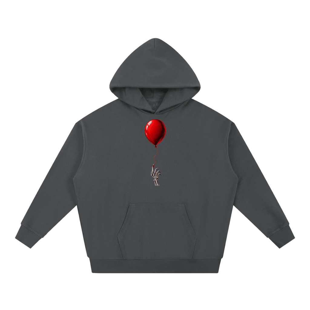 Charcoal gray The Last Balloon heavyweight hoodie, front view with a shiny red balloon tethered to a skeletal hand.