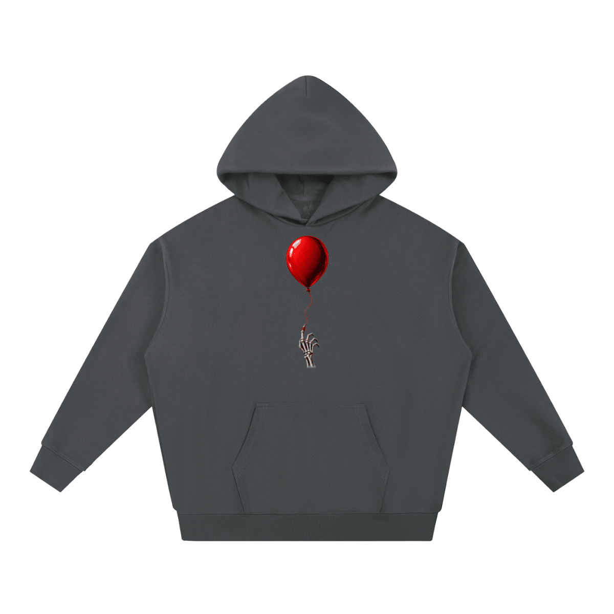 Charcoal gray The Last Balloon heavyweight hoodie, front view with a shiny red balloon tethered to a skeletal hand.