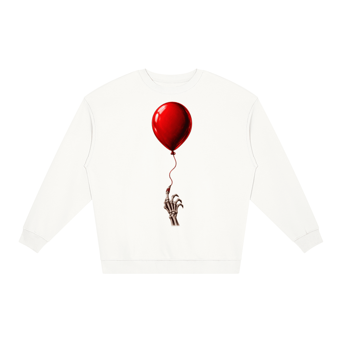 White The Last Balloon loose crewneck sweatshirt, front view with a shiny red balloon tethered to a skeletal hand.