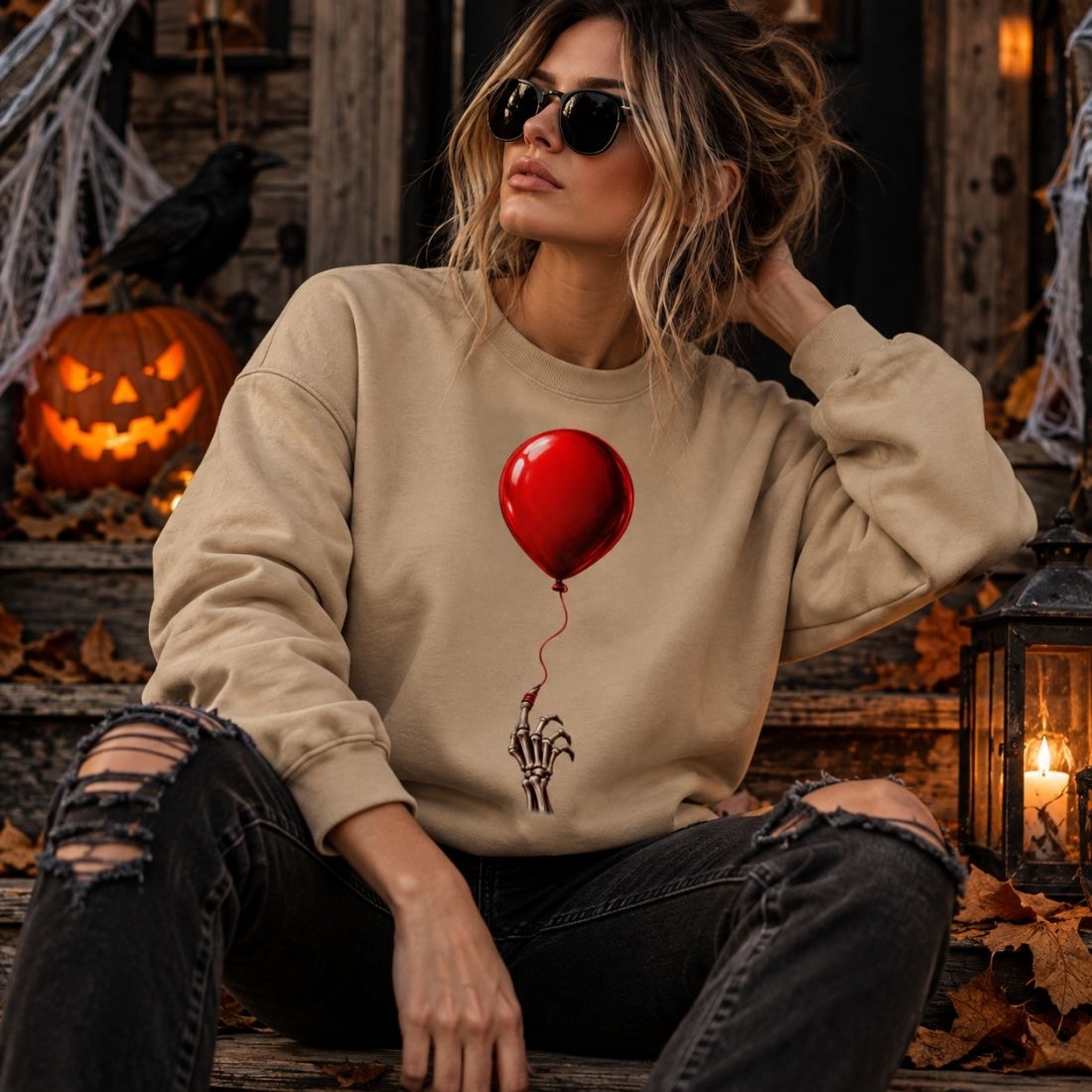 Model wearing a khaki The Last Balloon sweatshirt, ripped dark jeans and sunglasses, seated among jack-o'-lanterns and cobweb decorations.