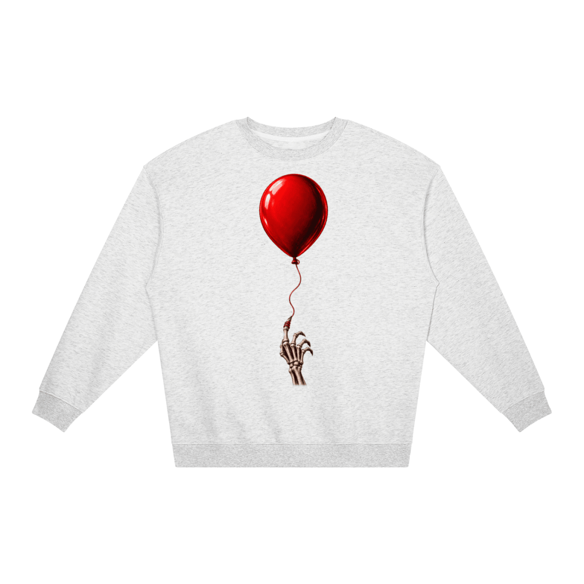 Light gray The Last Balloon loose crewneck sweatshirt, front view with a shiny red balloon tethered to a skeletal hand.