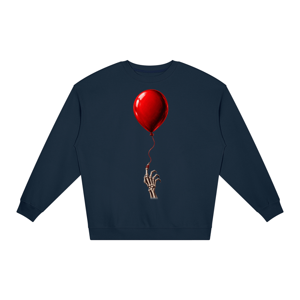 Navy blue The Last Balloon loose crewneck sweatshirt, front view with a shiny red balloon tethered to a skeletal hand.
