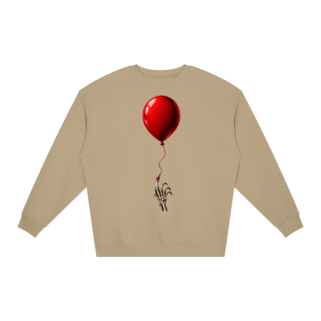 Khaki The Last Balloon loose crewneck sweatshirt, front view with a shiny red balloon tethered to a skeletal hand.