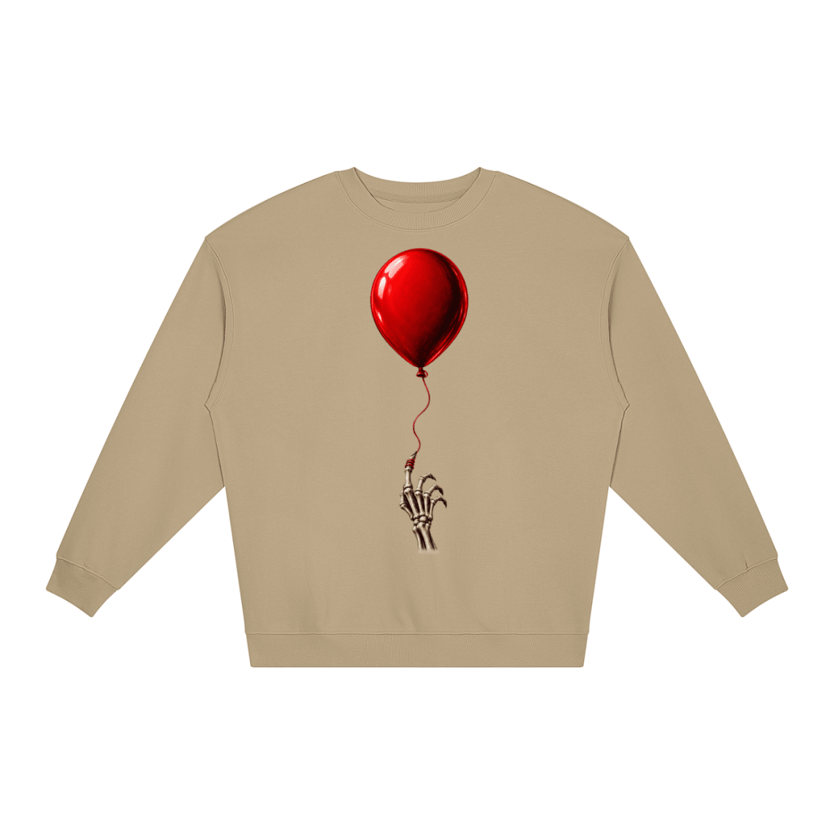 Khaki The Last Balloon loose crewneck sweatshirt, front view with a shiny red balloon tethered to a skeletal hand.