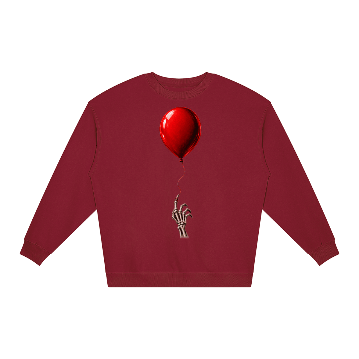 Burgundy The Last Balloon loose crewneck sweatshirt, front view with a shiny red balloon tethered to a skeletal hand.