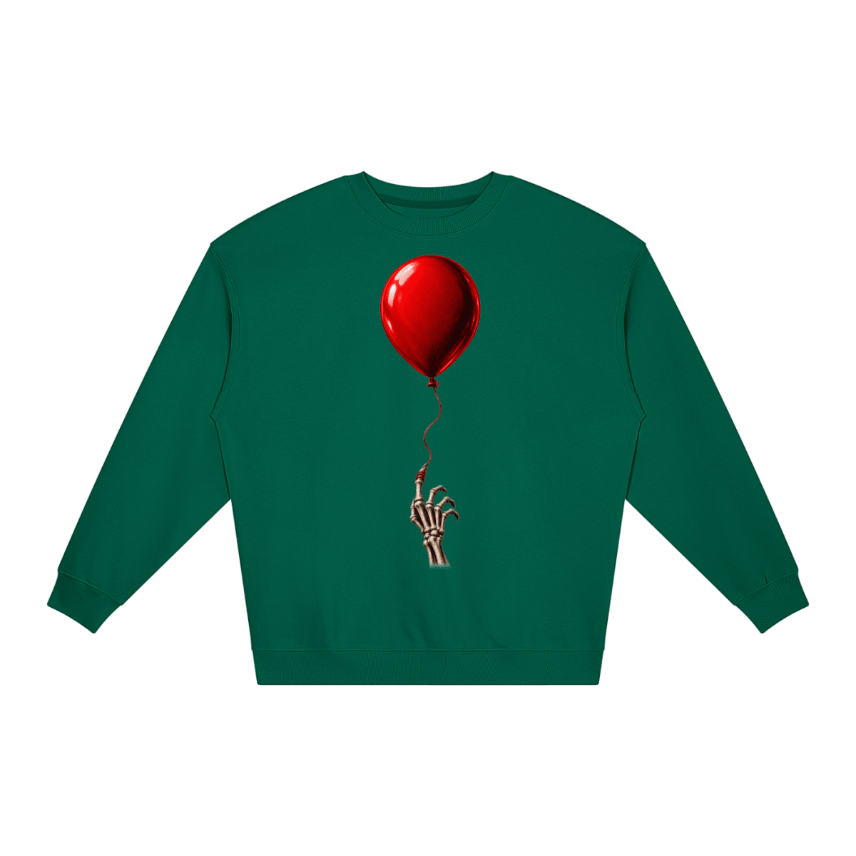 Green The Last Balloon loose crewneck sweatshirt, front view with a shiny red balloon tethered to a skeletal hand.