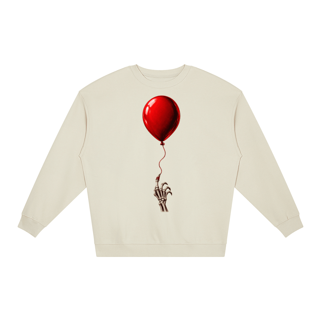 Ivory The Last Balloon loose crewneck sweatshirt, front view with a shiny red balloon tethered to a skeletal hand.