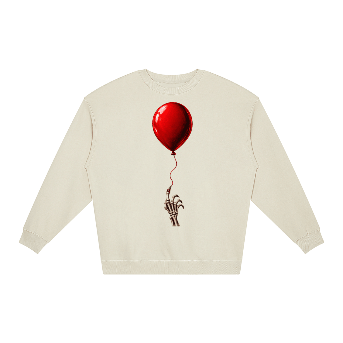 Ivory The Last Balloon loose crewneck sweatshirt, front view with a shiny red balloon tethered to a skeletal hand.