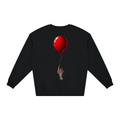 Black The Last Balloon loose crewneck sweatshirt, front view with a shiny red balloon tethered to a skeletal hand.