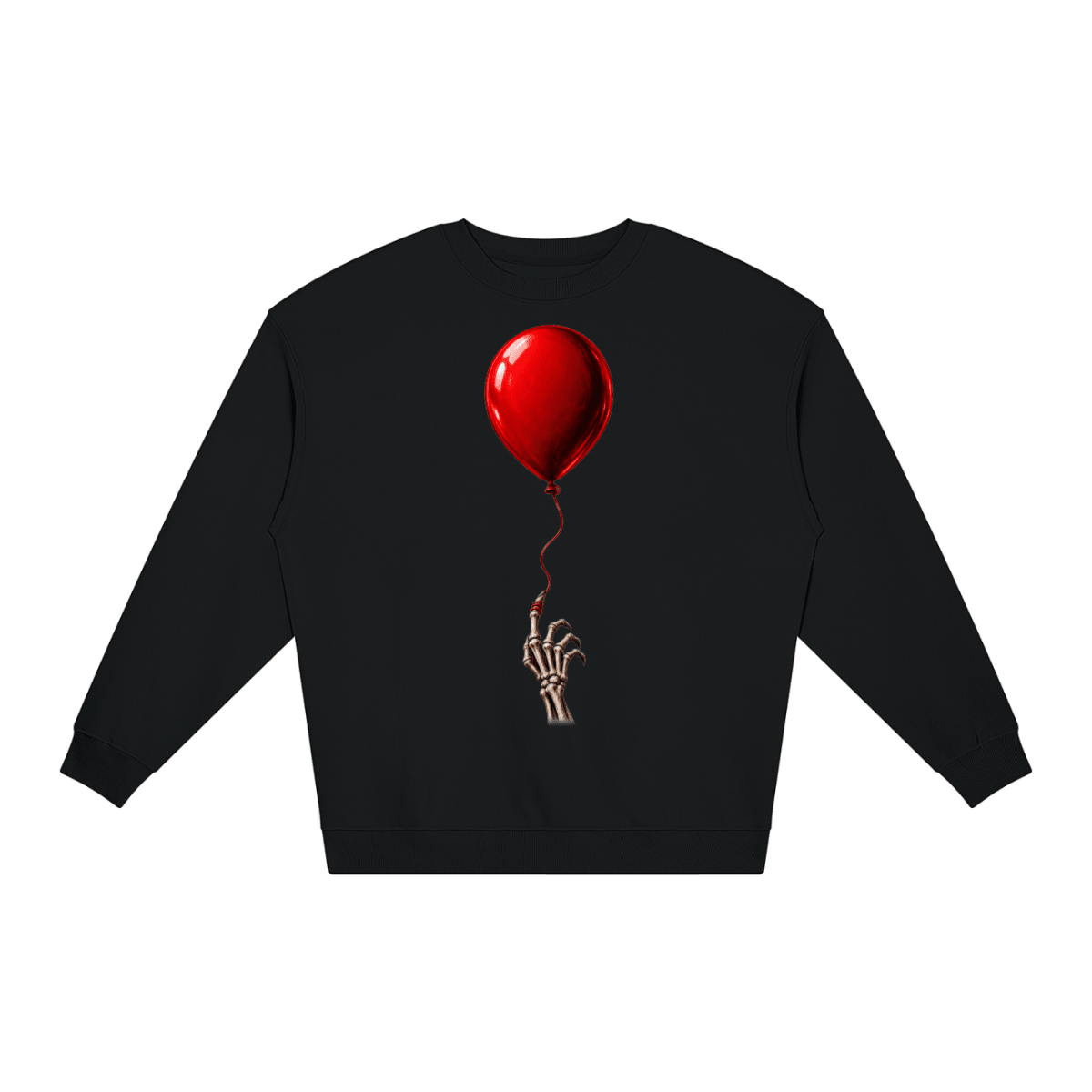 Black The Last Balloon loose crewneck sweatshirt, front view with a shiny red balloon tethered to a skeletal hand.