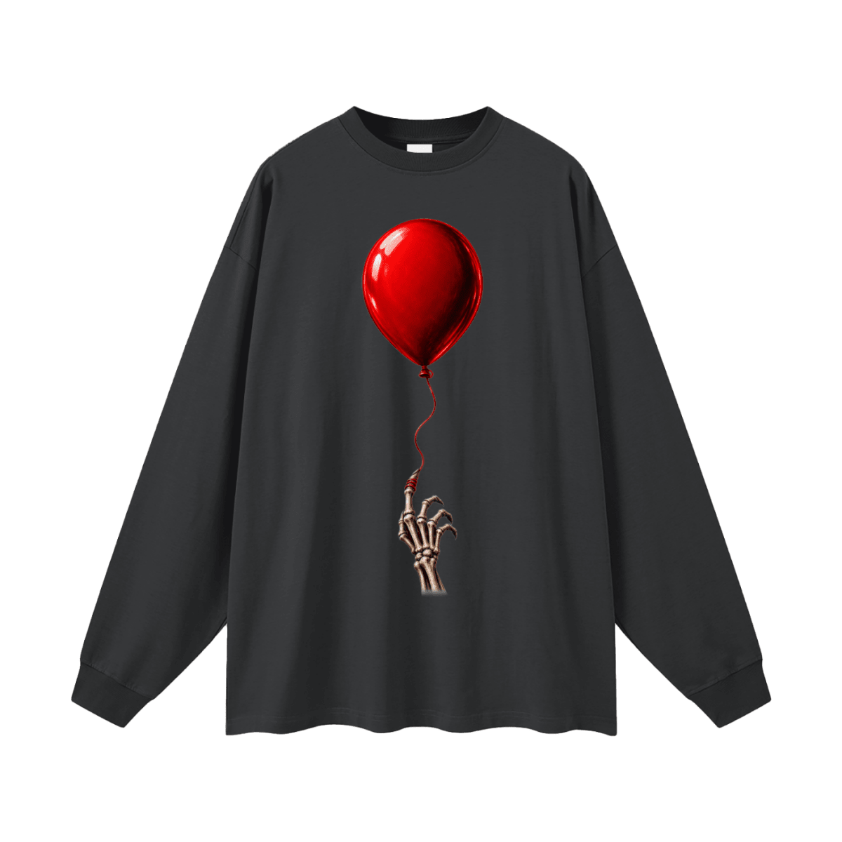 Charcoal gray The Last Balloon oversized long sleeve T-shirt, front view with a shiny red balloon tethered to a skeletal hand.