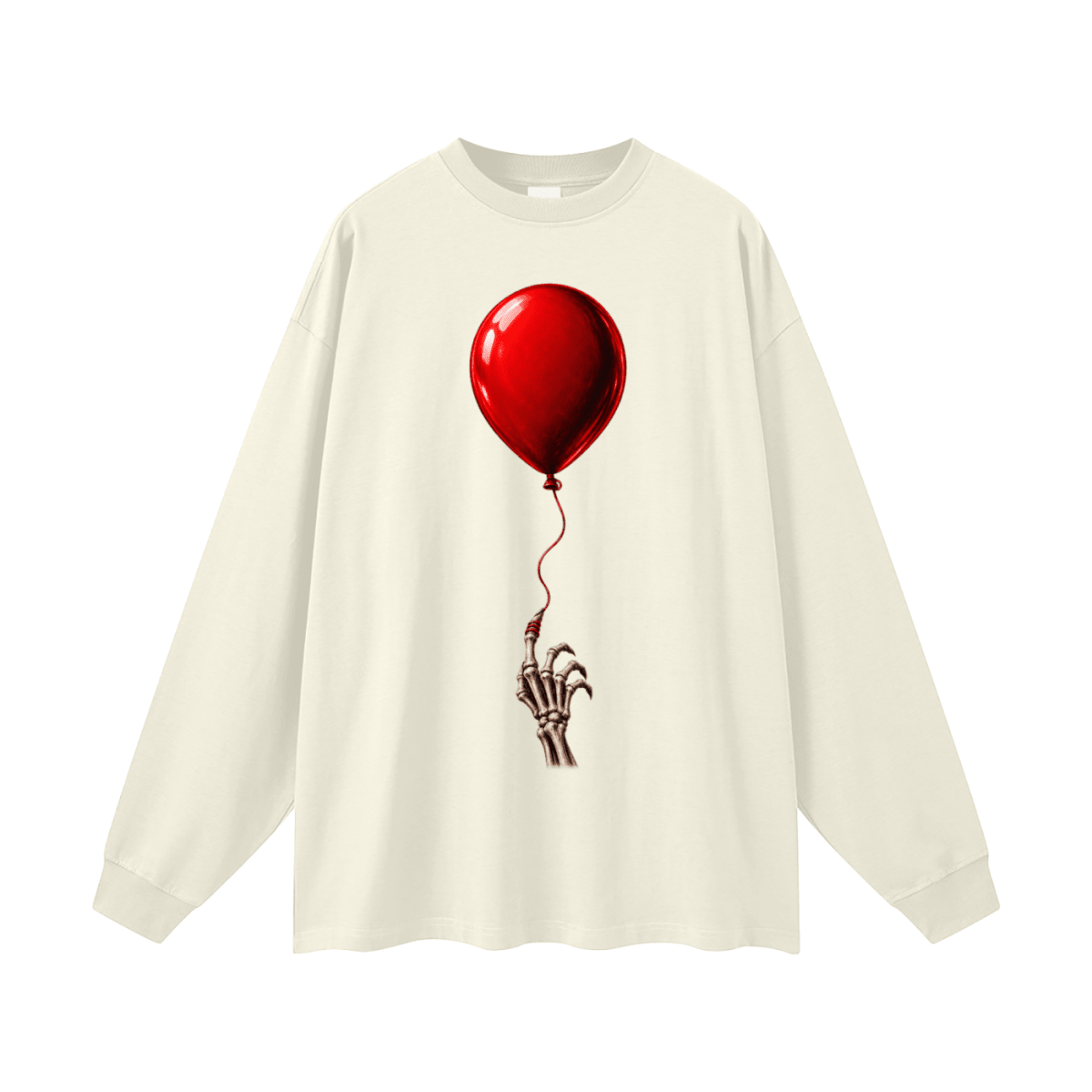 Ivory The Last Balloon oversized long sleeve T-shirt, front view with a shiny red balloon tethered to a skeletal hand.
