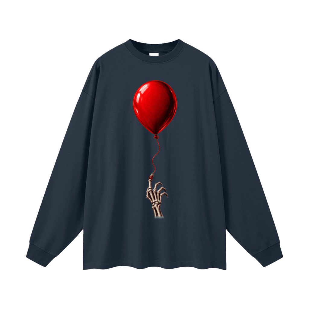 Navy blue The Last Balloon oversized long sleeve T-shirt, front view with a shiny red balloon tethered to a skeletal hand.