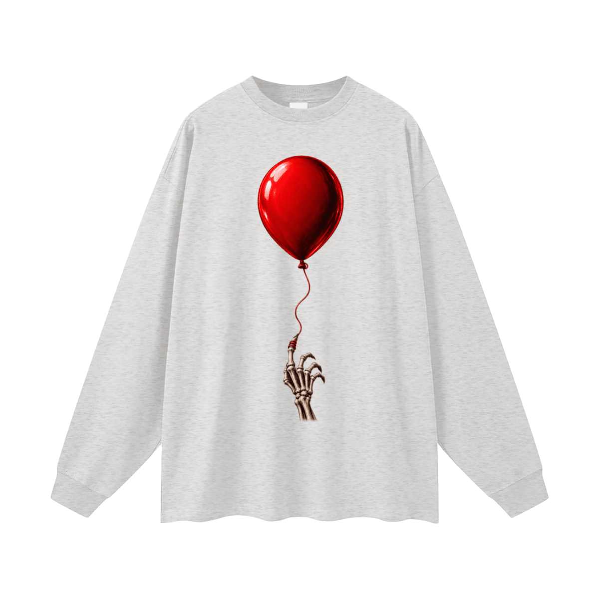 Light gray The Last Balloon oversized long sleeve T-shirt, front view with a shiny red balloon tethered to a skeletal hand.