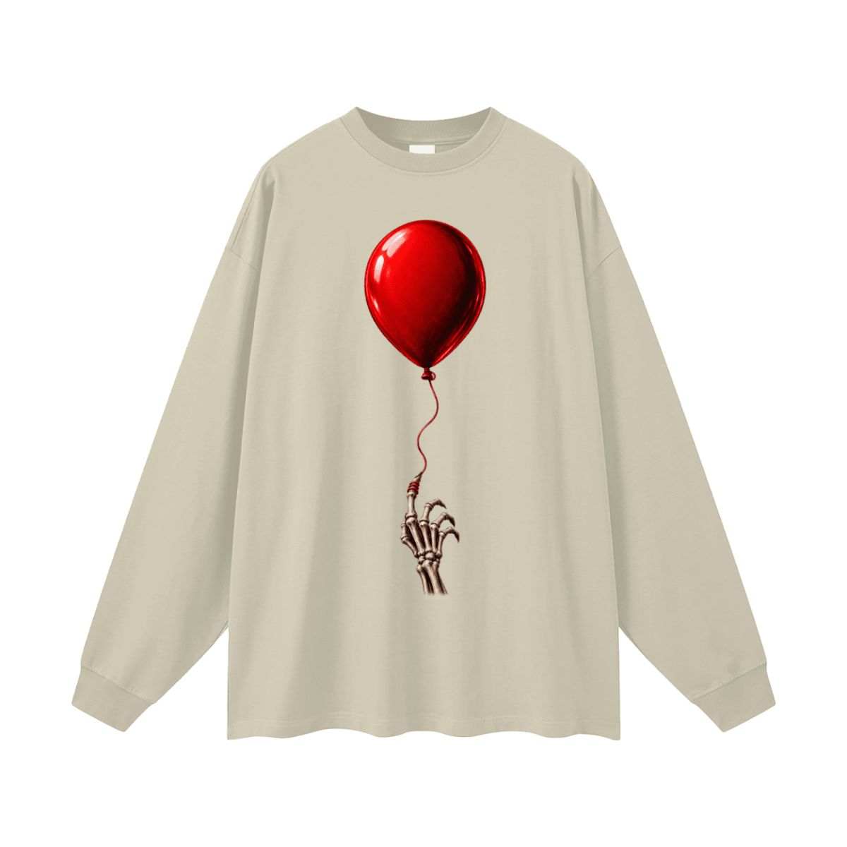 Beige The Last Balloon oversized long sleeve T-shirt, front view with a shiny red balloon tethered to a skeletal hand.