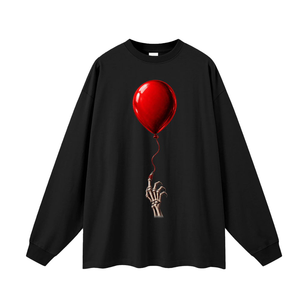 Black The Last Balloon oversized long sleeve T-shirt, front view with a shiny red balloon tethered to a skeletal hand.