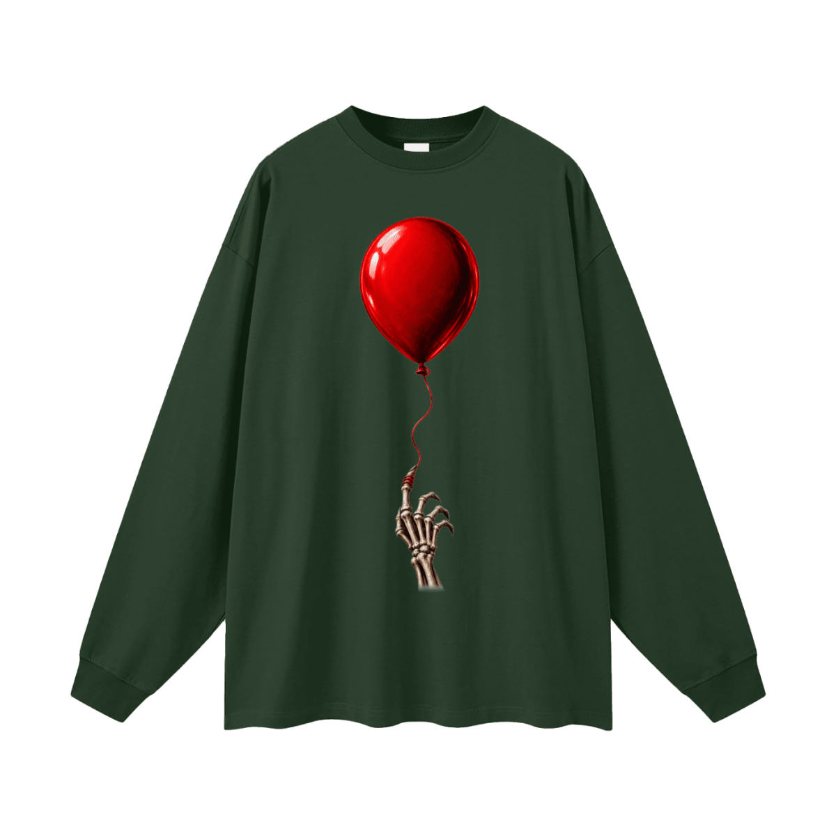 Forest green The Last Balloon oversized long sleeve T-shirt, front view with a shiny red balloon tethered to a skeletal hand.