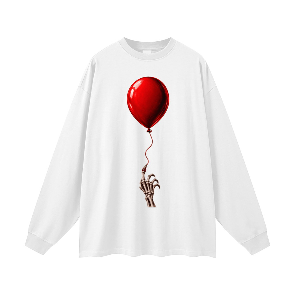 White The Last Balloon oversized long sleeve T-shirt, front view with a shiny red balloon tethered to a skeletal hand.