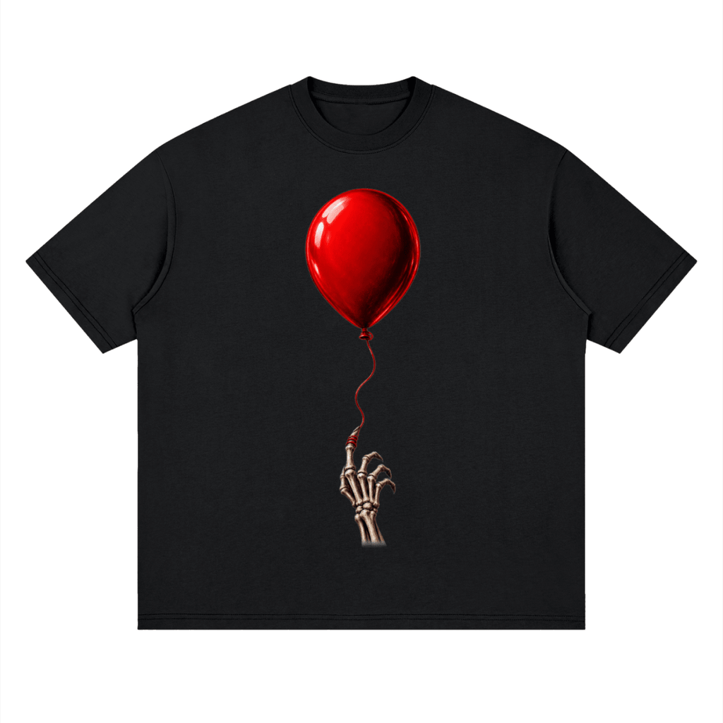 Black The Last Balloon drop shoulder T-shirt, front view with a shiny red balloon tethered to a skeletal hand.