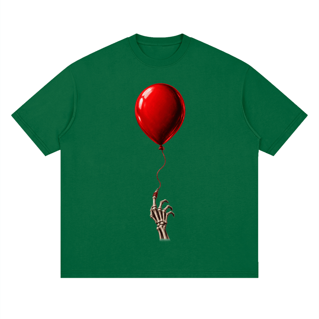Green The Last Balloon drop shoulder T-shirt, front view with a shiny red balloon tethered to a skeletal hand.