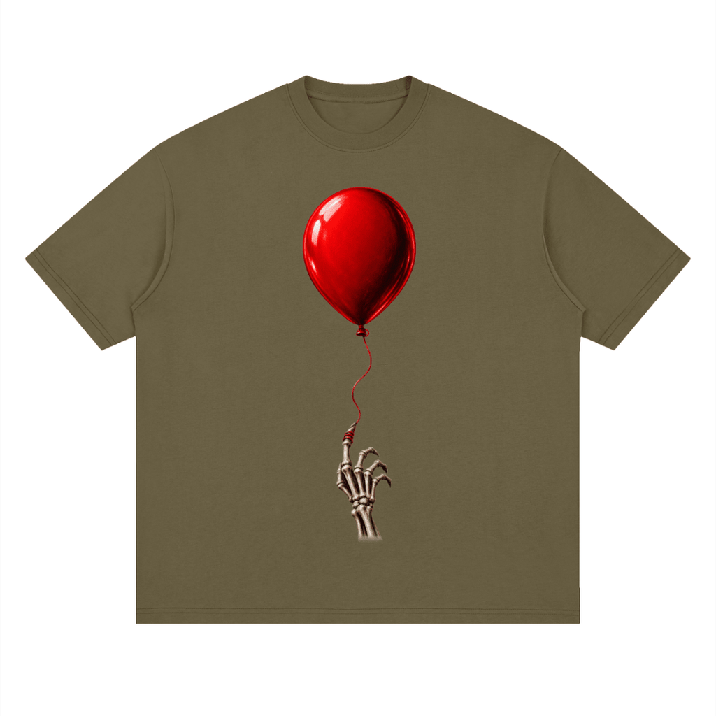 Olive brown The Last Balloon drop shoulder T-shirt, front view with a shiny red balloon tethered to a skeletal hand.