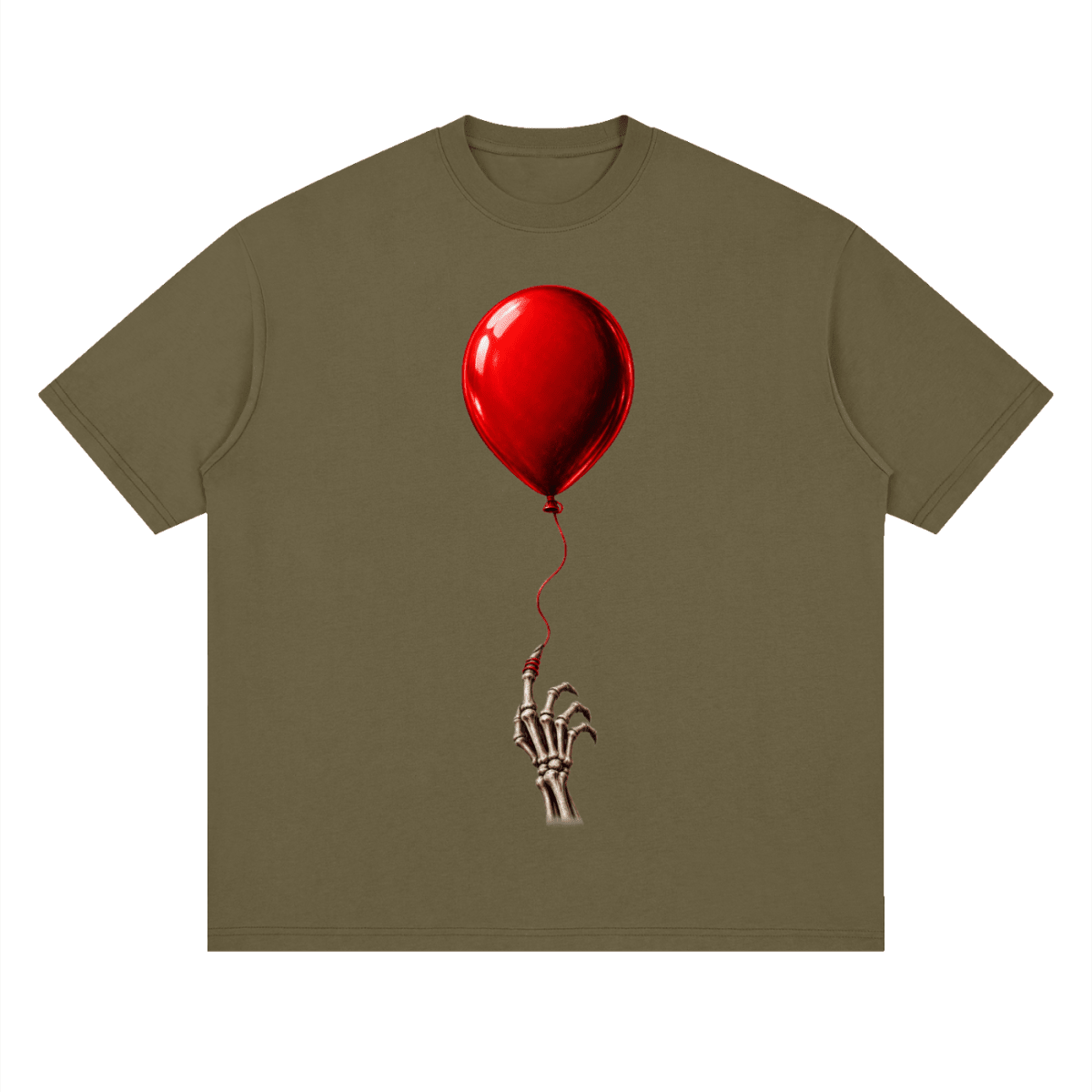 Olive brown The Last Balloon drop shoulder T-shirt, front view with a shiny red balloon tethered to a skeletal hand.