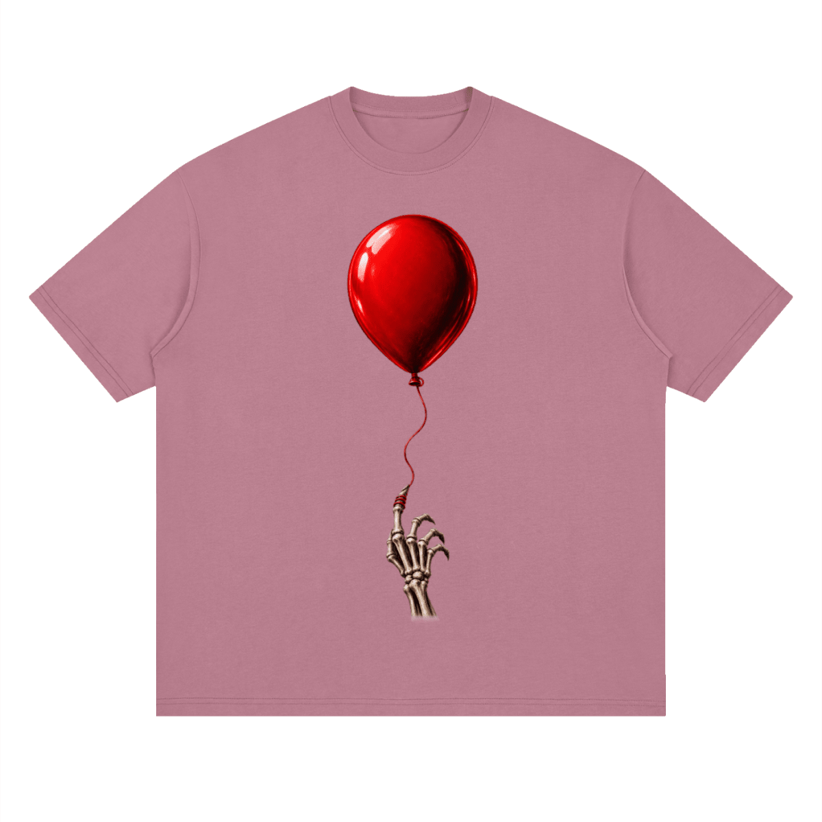 Dusty pink The Last Balloon drop shoulder T-shirt, front view with a shiny red balloon tethered to a skeletal hand.