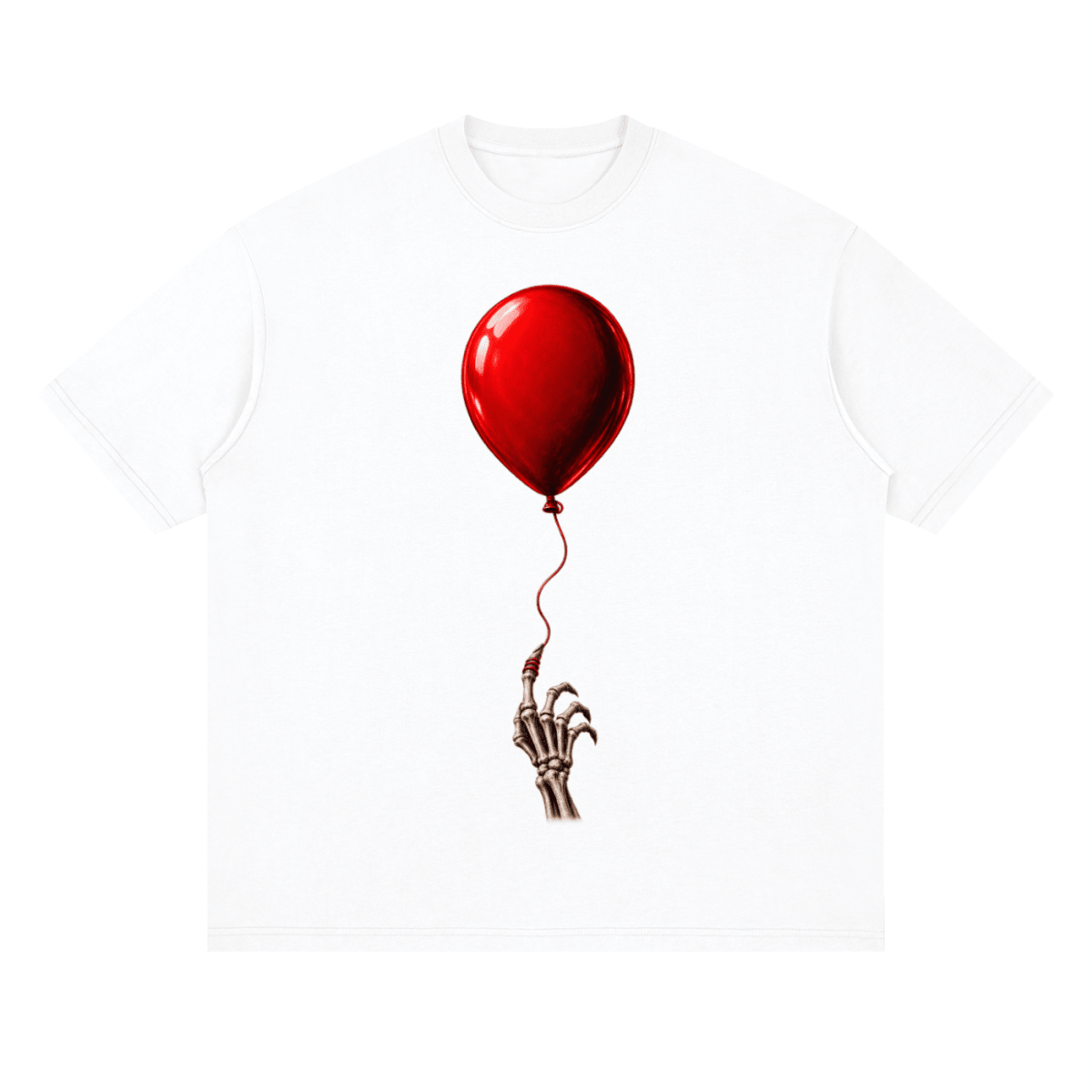 White The Last Balloon drop shoulder T-shirt, front view with a shiny red balloon tethered to a skeletal hand.