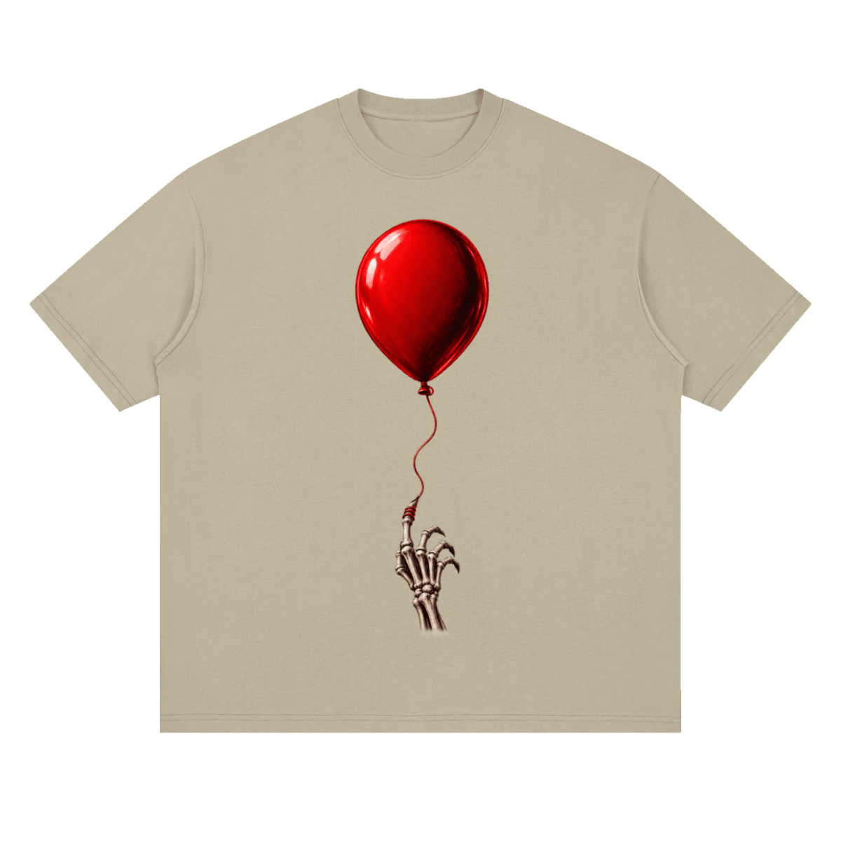 Khaki The Last Balloon drop shoulder T-shirt, front view with a shiny red balloon tethered to a skeletal hand.