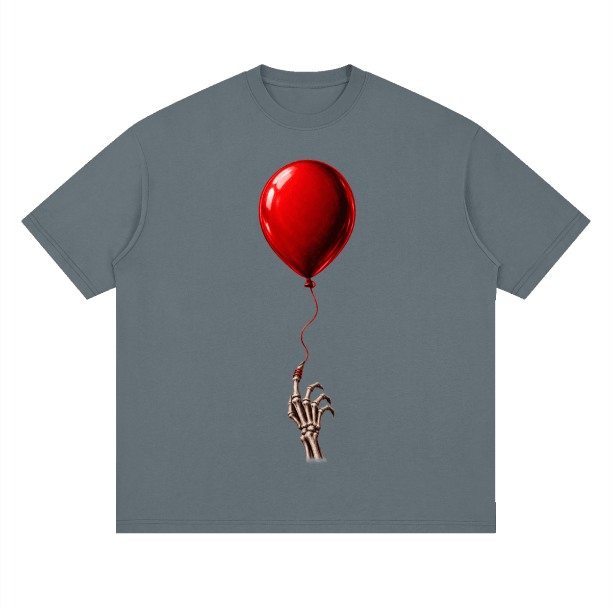Slate gray The Last Balloon drop shoulder T-shirt, front view with a shiny red balloon tethered to a skeletal hand.