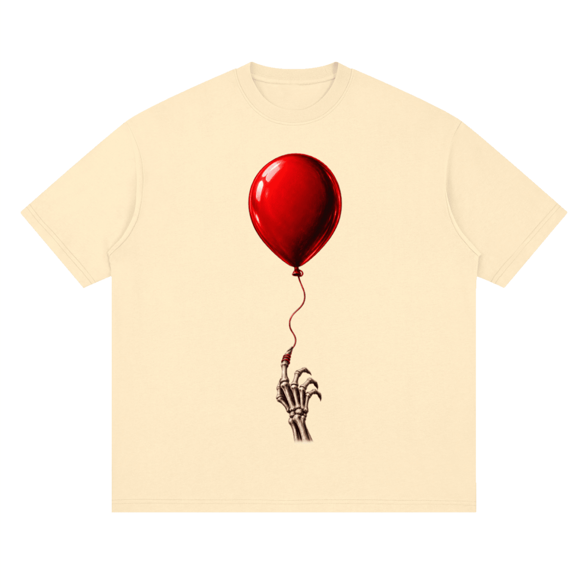 Pale yellow The Last Balloon drop shoulder T-shirt, front view with a shiny red balloon tethered to a skeletal hand.