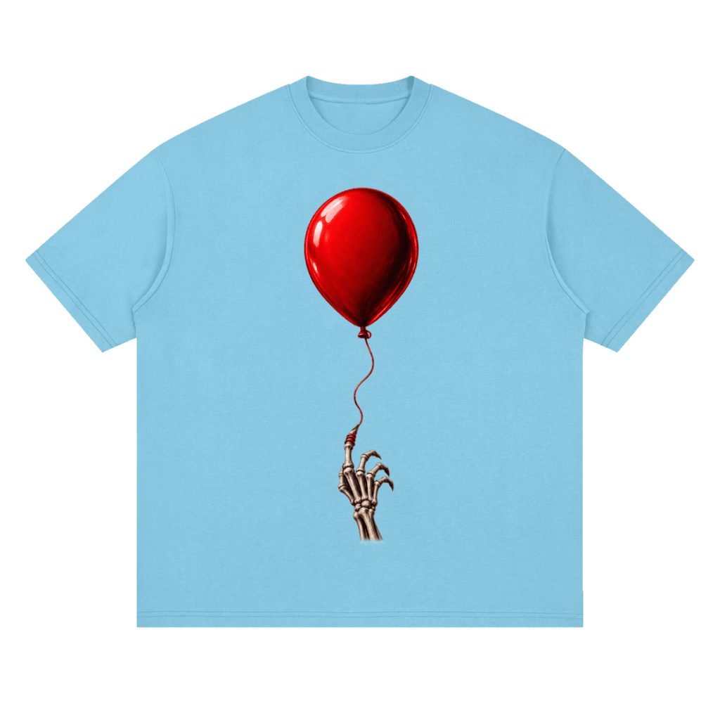 Bright blue The Last Balloon drop shoulder T-shirt, front view with a shiny red balloon tethered to a skeletal hand.