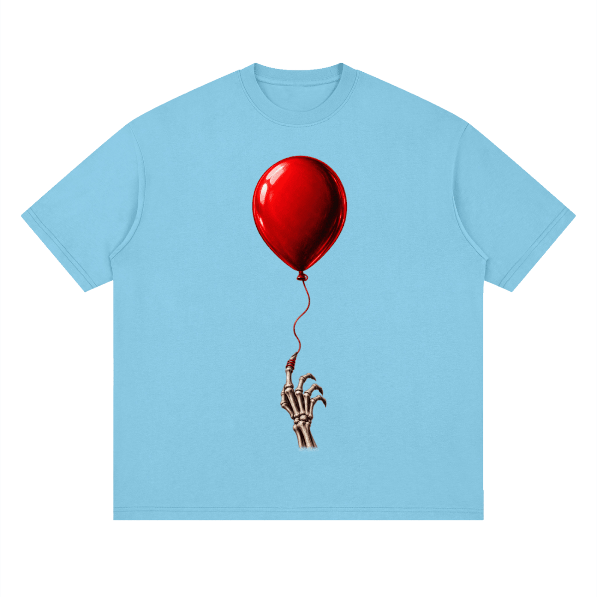 Bright blue The Last Balloon drop shoulder T-shirt, front view with a shiny red balloon tethered to a skeletal hand.