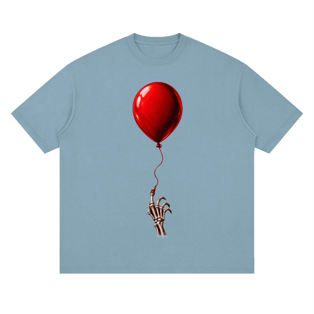 Muted blue The Last Balloon drop shoulder T-shirt, front view with a shiny red balloon tethered to a skeletal hand.