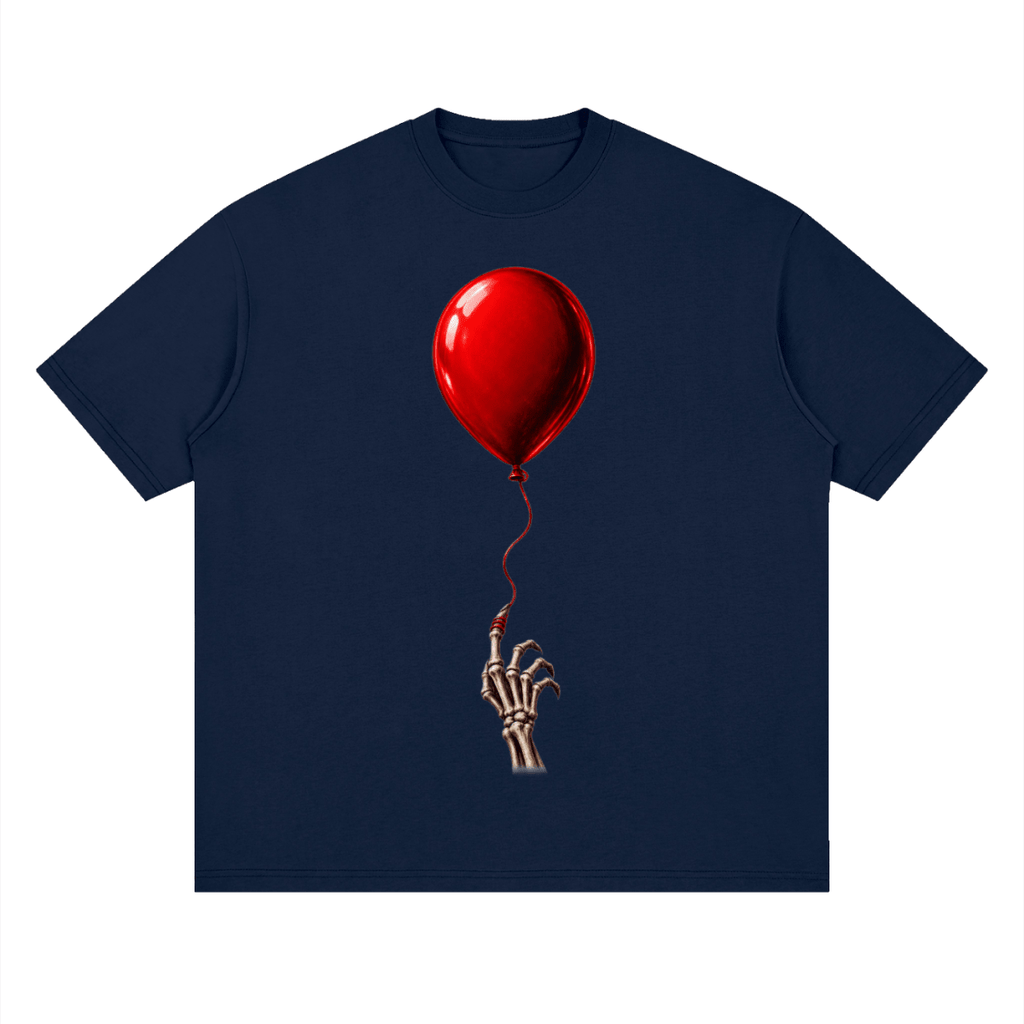 Navy blue The Last Balloon drop shoulder T-shirt, front view with a shiny red balloon tethered to a skeletal hand.